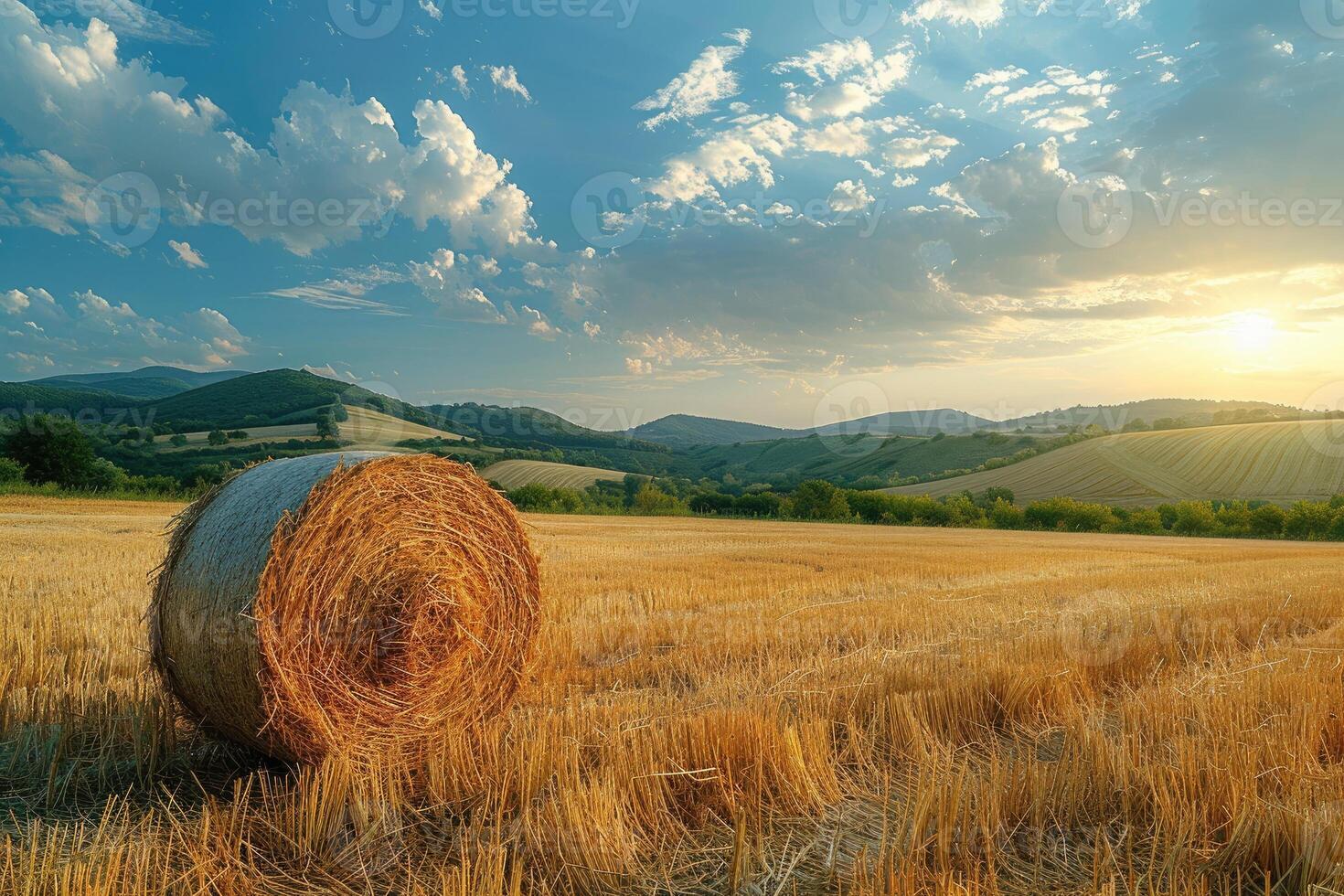 ai généré d'or le coucher du soleil plus de une serein ferme paysage avec foins balles épars dans le champ photo