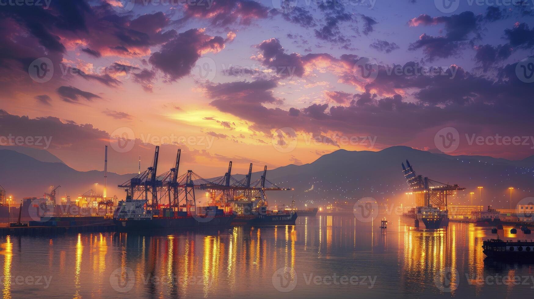 ai généré premier lumière à le port, capturer le industriel charme de un de bonne heure Matin vue à le port. photo