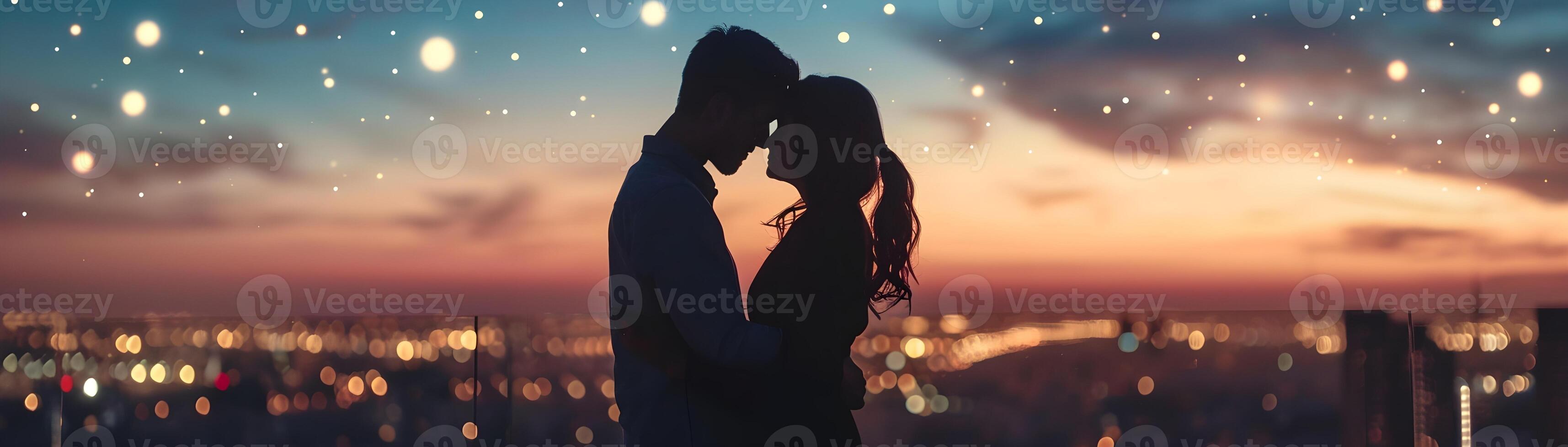 ai généré couple profiter une romantique soir sur une toit en dessous de le étoiles, la Saint-Valentin journée vibrations, Contexte image, génératif ai photo