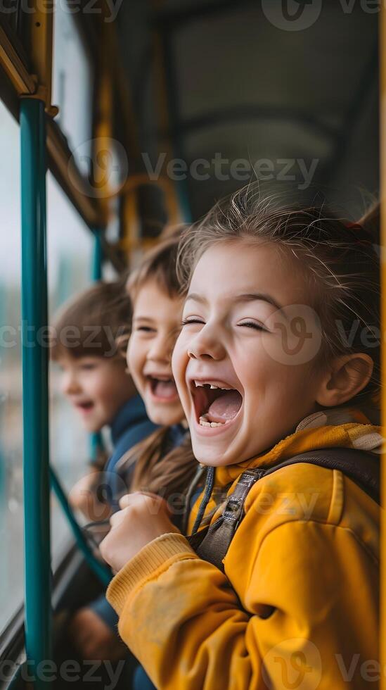 ai généré retour à école, école autobus histoires, photographier des gamins partage histoires et rire tandis que équitation le école bus, Contexte image, génératif ai photo