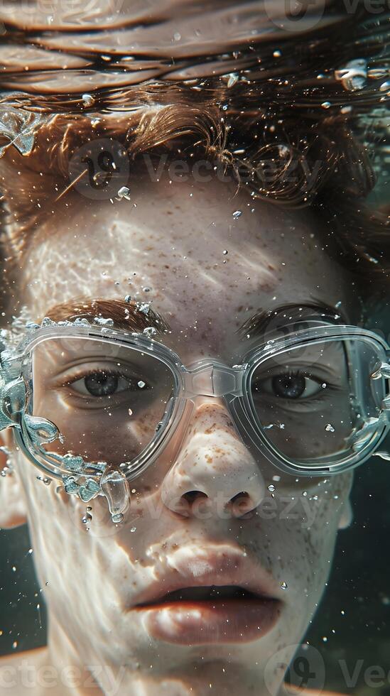 ai généré rivière sous-marin portrait de une Jeune blanc Masculin portant nager des lunettes de protection, génératif ai, Contexte image photo