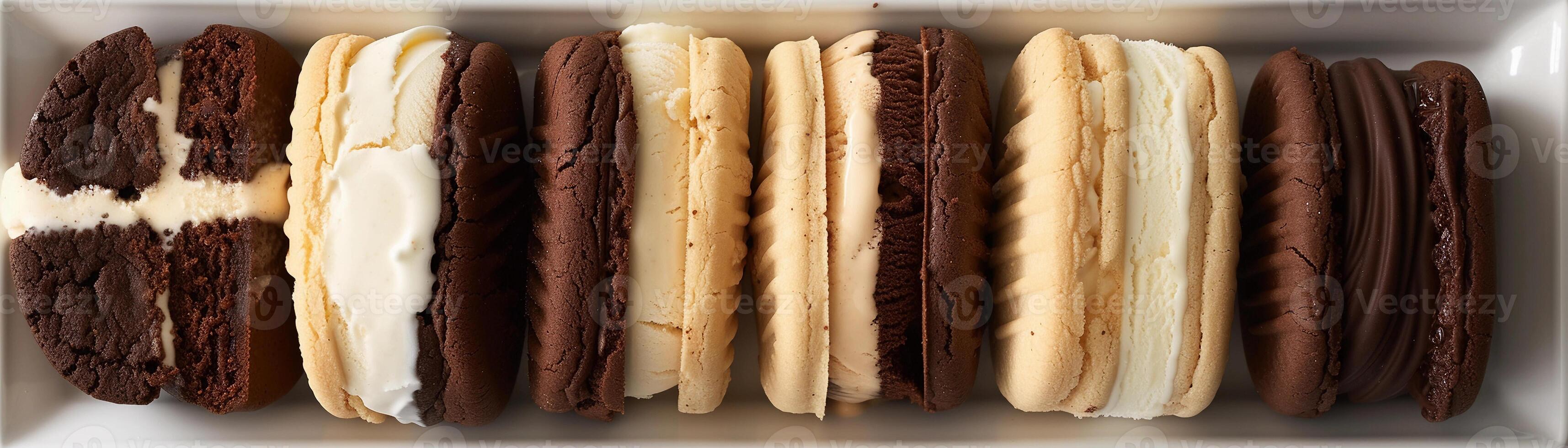 ai généré la glace crème sandwich paradis, assortiment de fait maison la glace crème des sandwichs avec doux biscuits ou Brownies prise en sandwich crémeux la glace crème, génératif ai photo