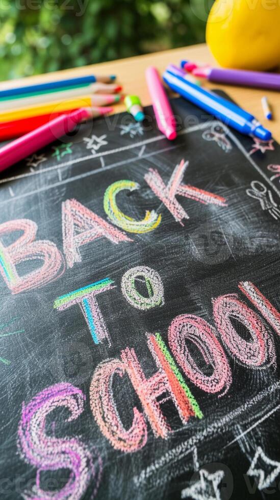 ai généré photo de le texte 'dos à école' écrit en utilisant coloré craie sur une salle de cours tableau noir, génératif ai