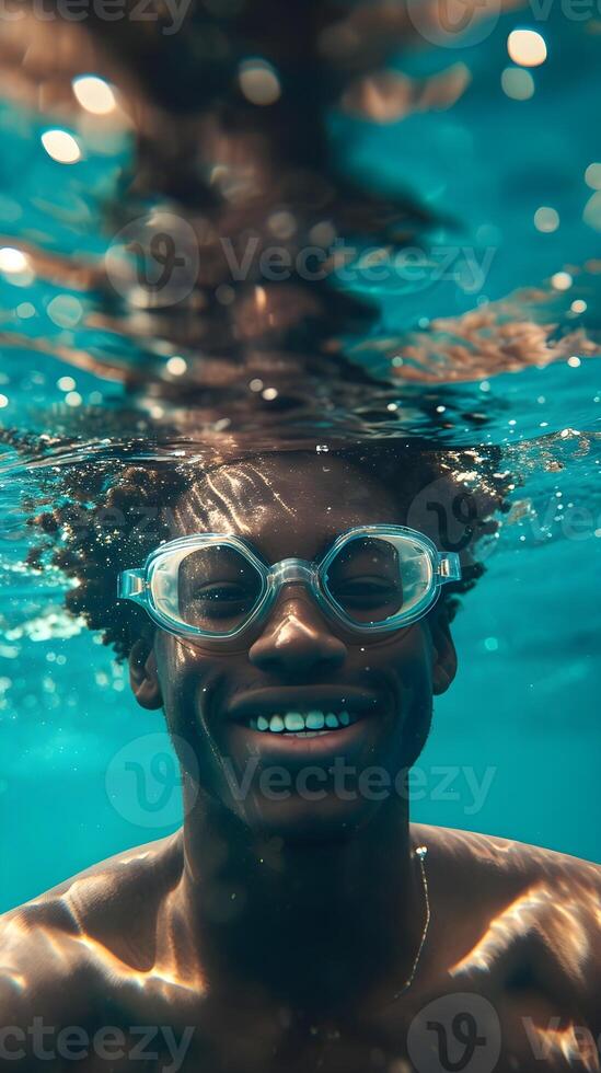 ai généré rivière sous-marin portrait de une souriant Jeune noir Masculin portant nager des lunettes de protection, génératif ai, Contexte image photo