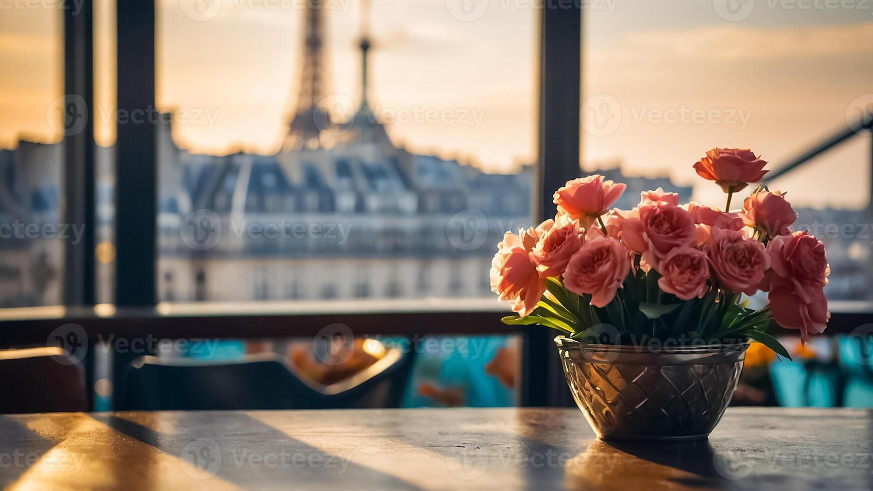 ai généré table dans une café, fleurs contre le toile de fond de le Eiffel la tour photo