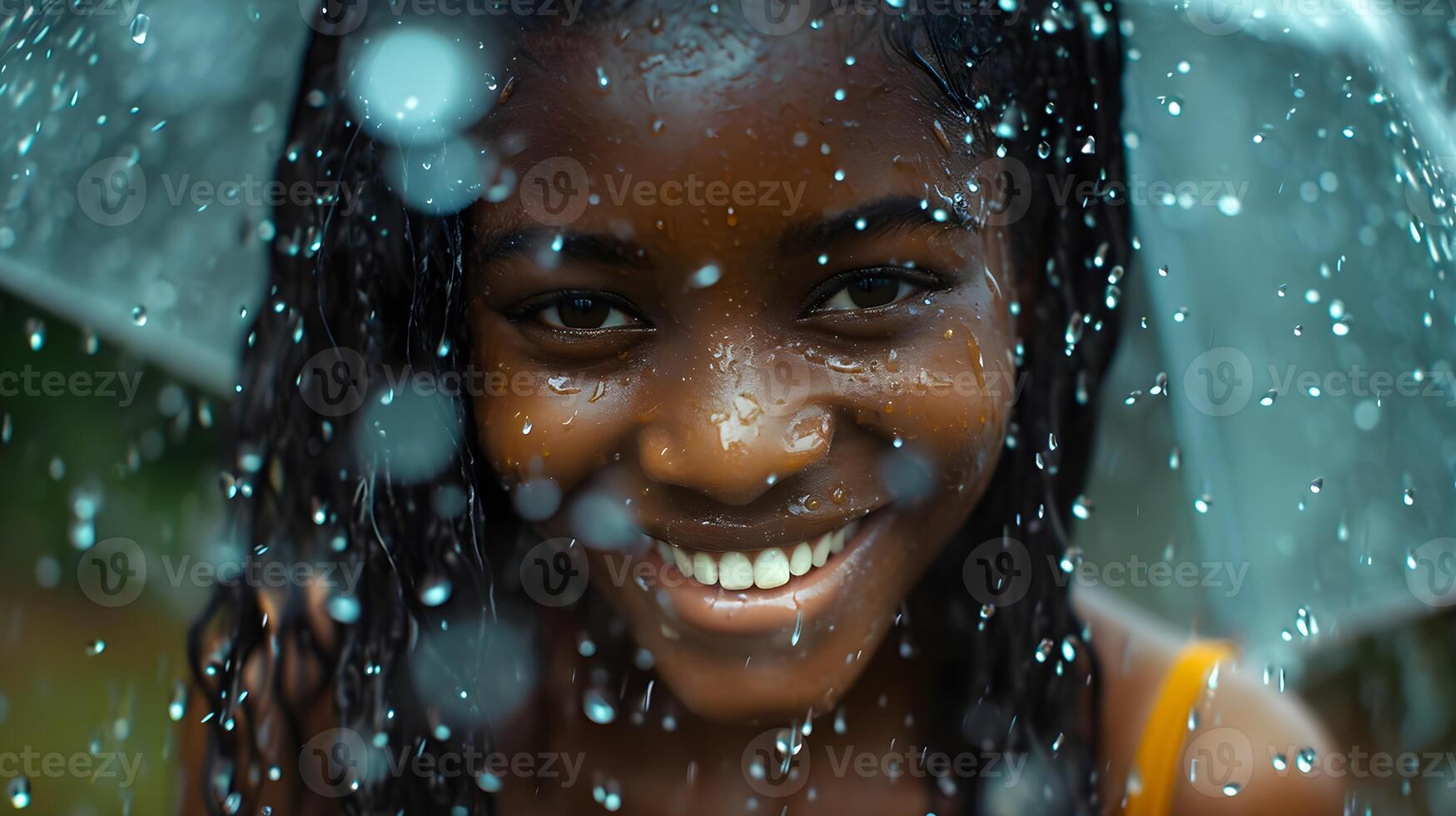 ai généré portrait de une souriant Jeune noir femelle trempé dans lourd pluie, génératif ai, Contexte image photo