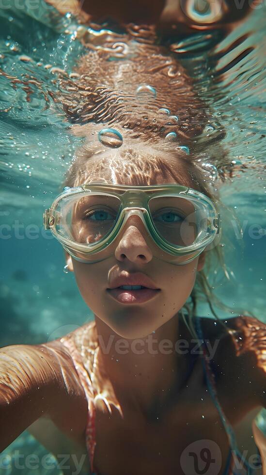 ai généré rivière sous-marin portrait de une blond Jeune blanc femme portant nager des lunettes de protection, génératif ai, Contexte image photo