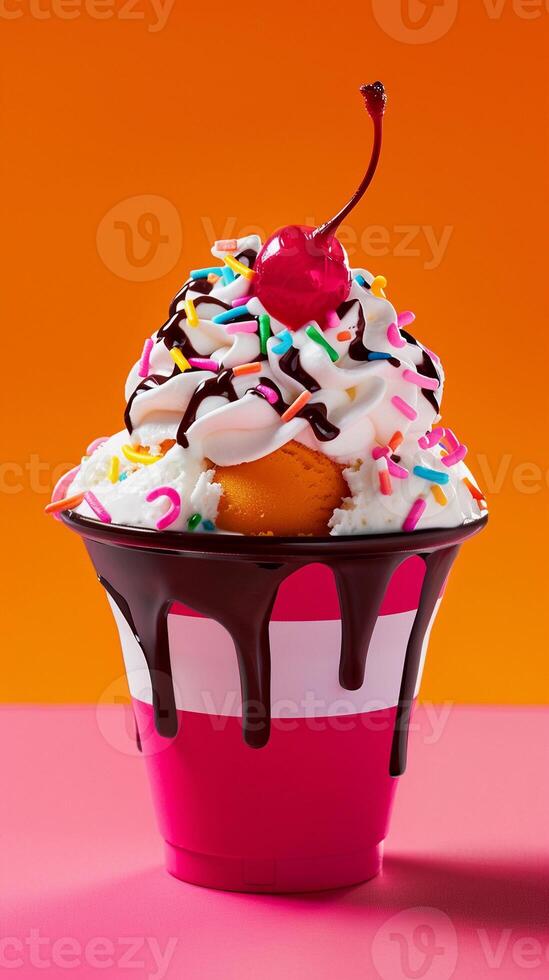 ai généré sundae plaisir, coloré et indulgent la glace crème sundae surmonté avec fouetté crème, génératif ai photo