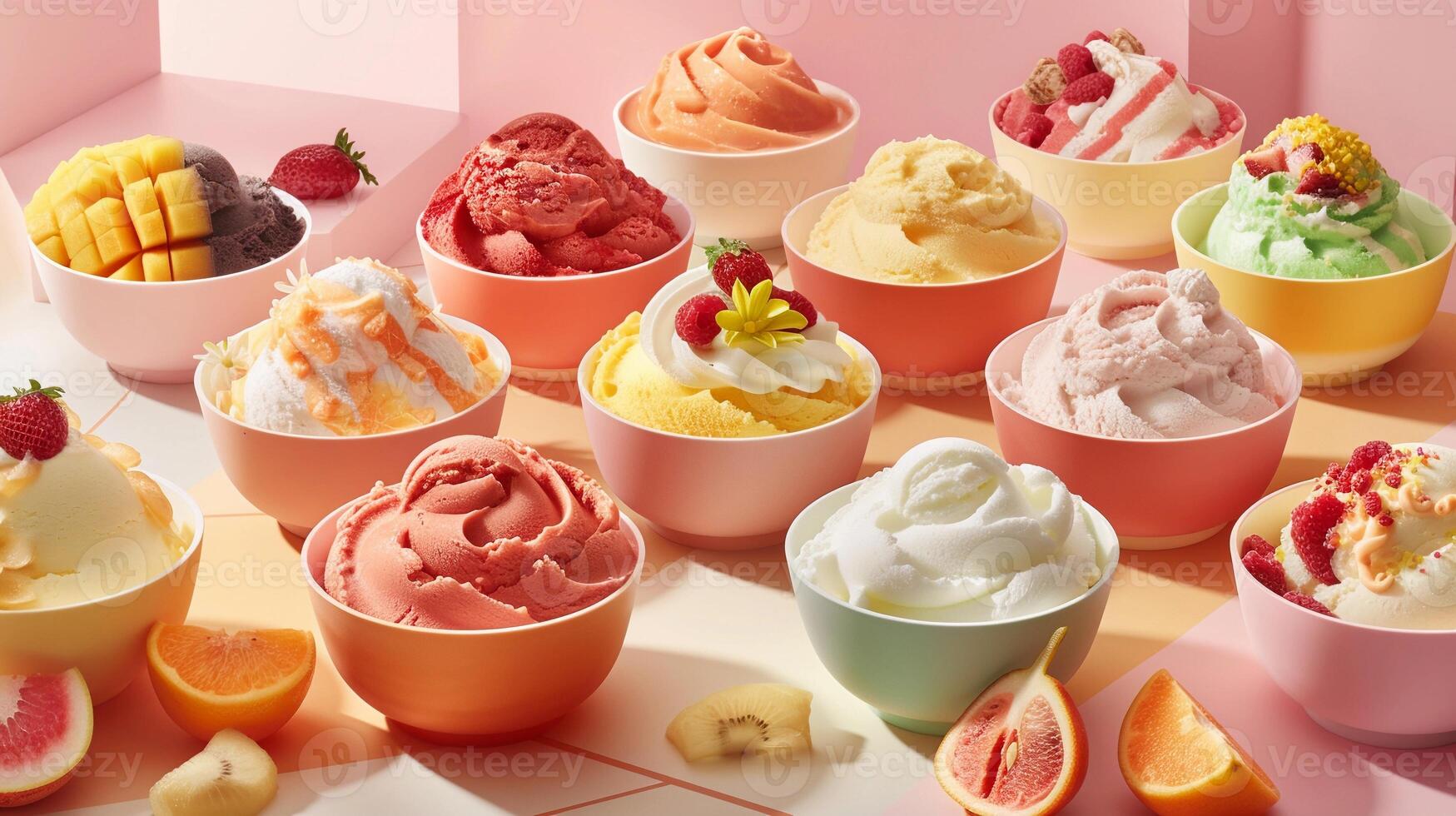 ai généré fruité gelato bonheur, variété de fruité gelato les saveurs arrangé dans une visuellement attirant afficher, génératif ai photo