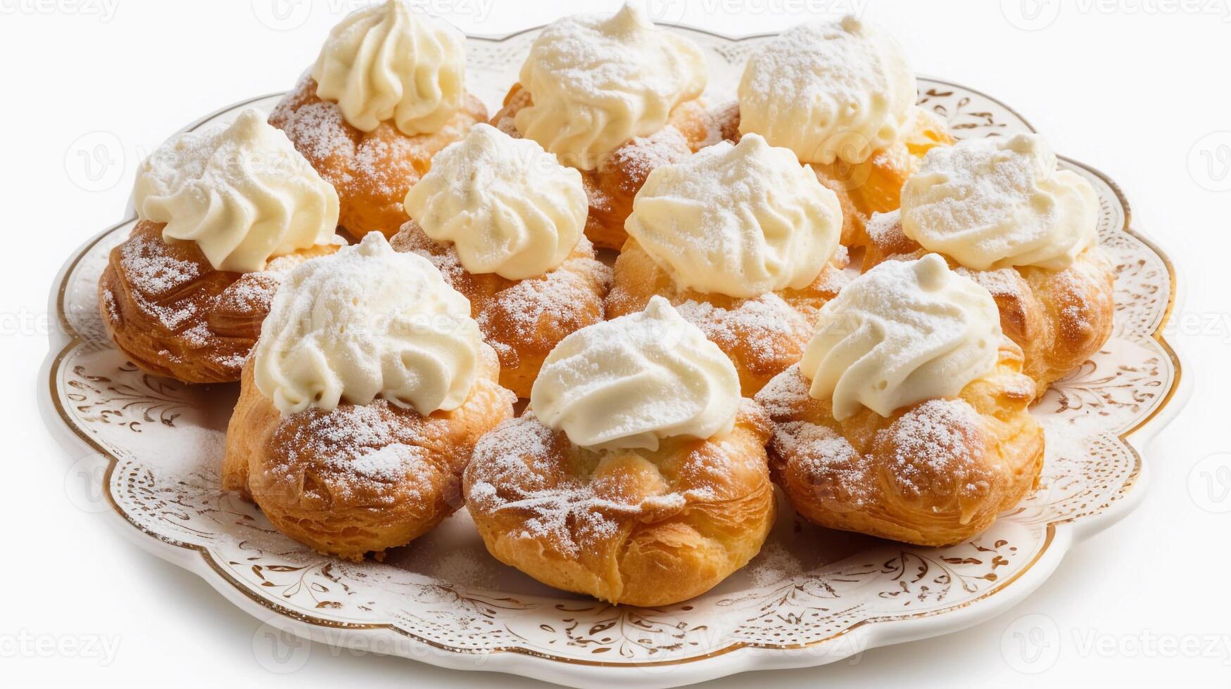 ai généré crème des bouffées, assiette de crème bouffées saupoudré avec en poudre sucre, Contexte image, génératif ai photo