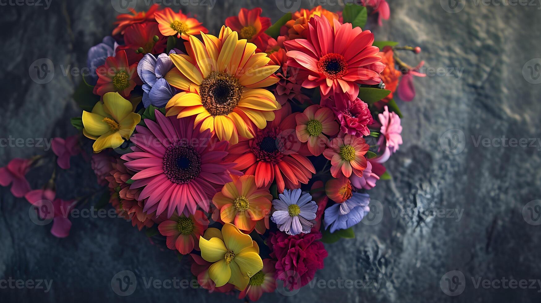 ai généré bouquet de vibrant fleurs arrangé dans le forme de une cœur, la Saint-Valentin journée vibrations, Contexte image, génératif ai photo