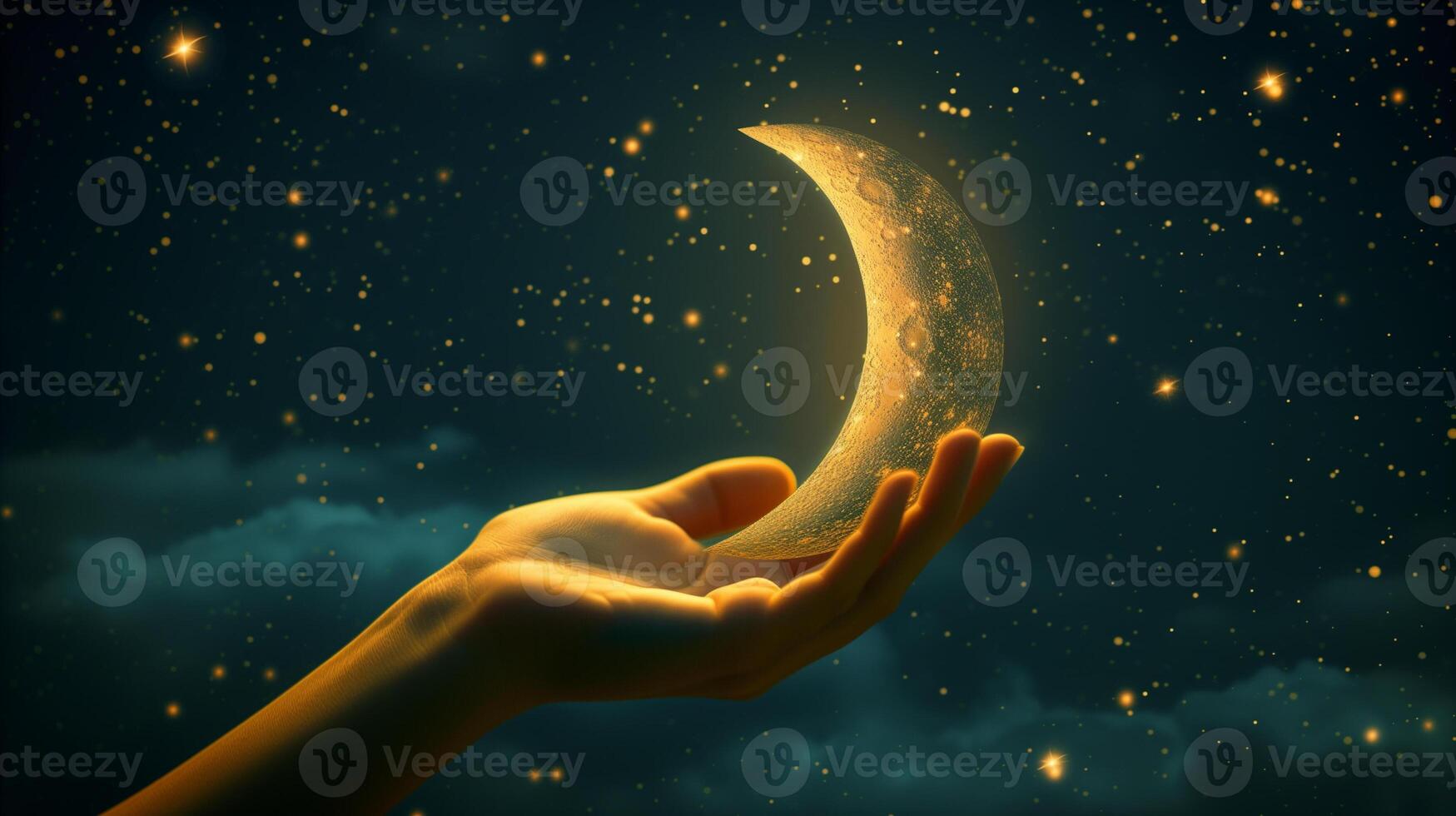 ai généré magique croissant lune sur mains, spirituel concept. photo