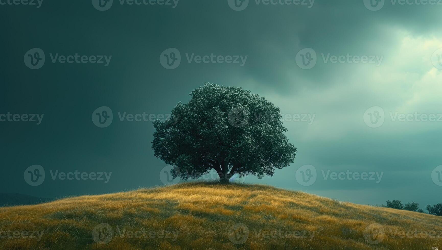 ai généré solitaire arbre sur une flanc de coteau dans une foncé nuageux journée photo