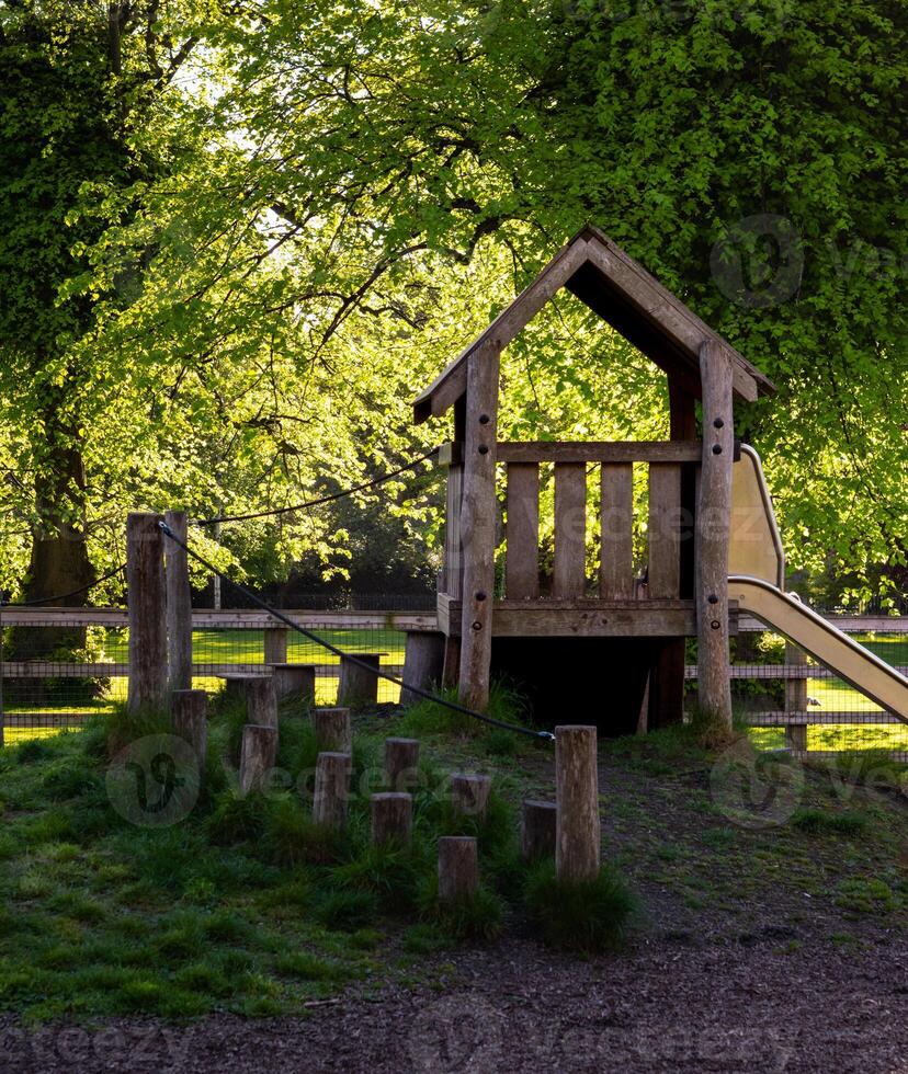 en bois structure avec faire glisser dans le Palmerston parc terrain de jeux avec vert feuilles et arbre branches au-dessus de, vert herbe dans le Contexte photo