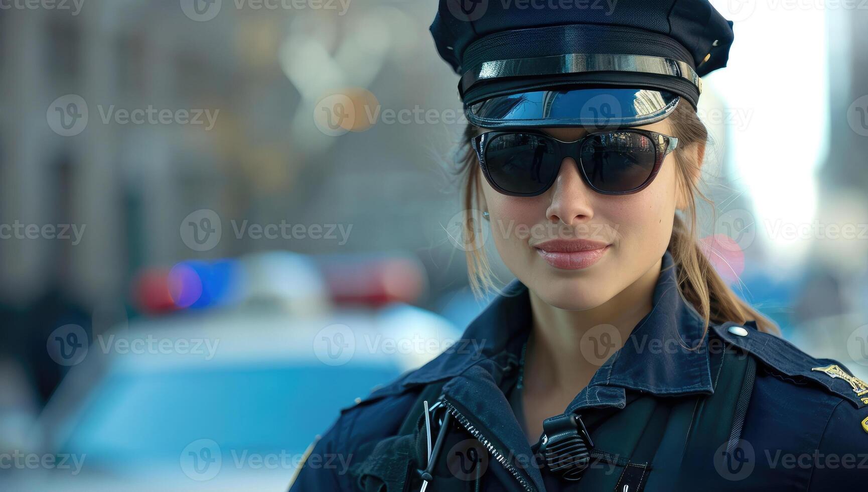 ai généré femme policier patrouiller ville rue photo