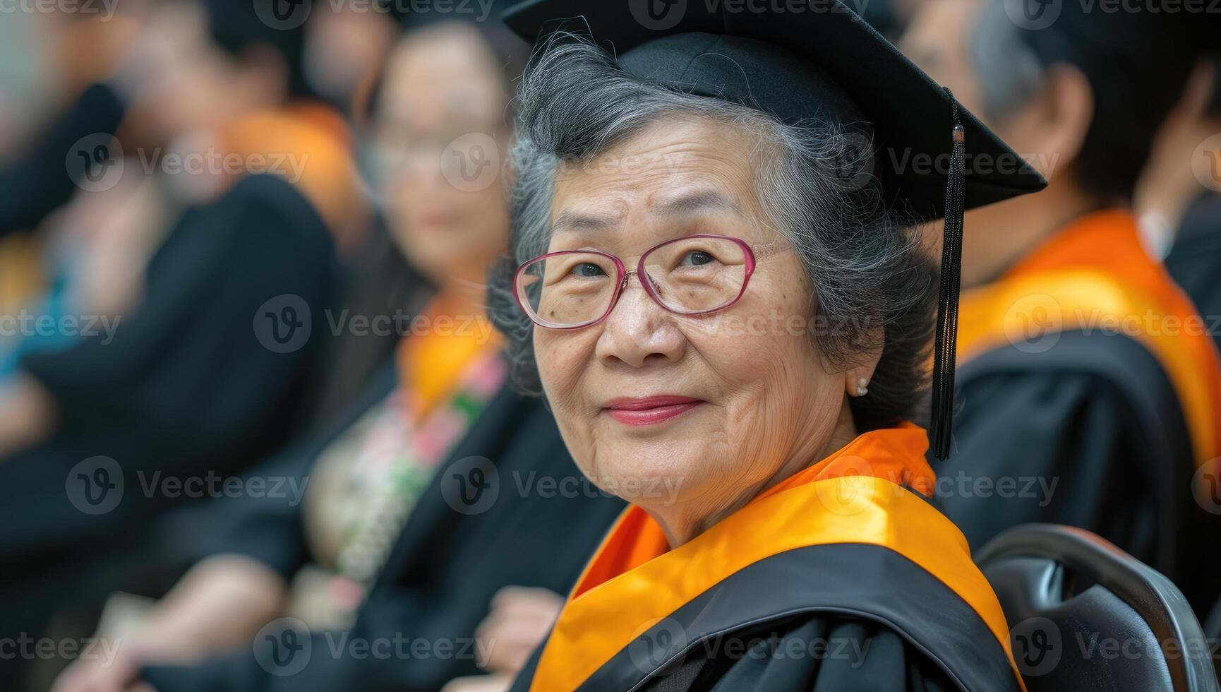 ai généré Sénior asiatique femme célébrer l'obtention du diplôme photo