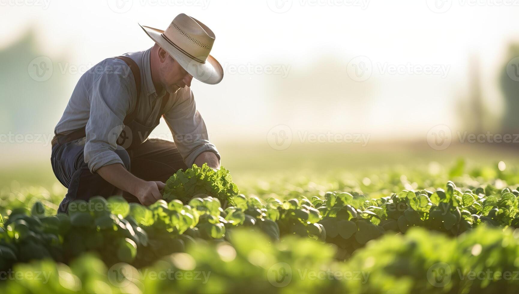 ai généré agriculteur récolte Frais salade dans champ à le coucher du soleil photo