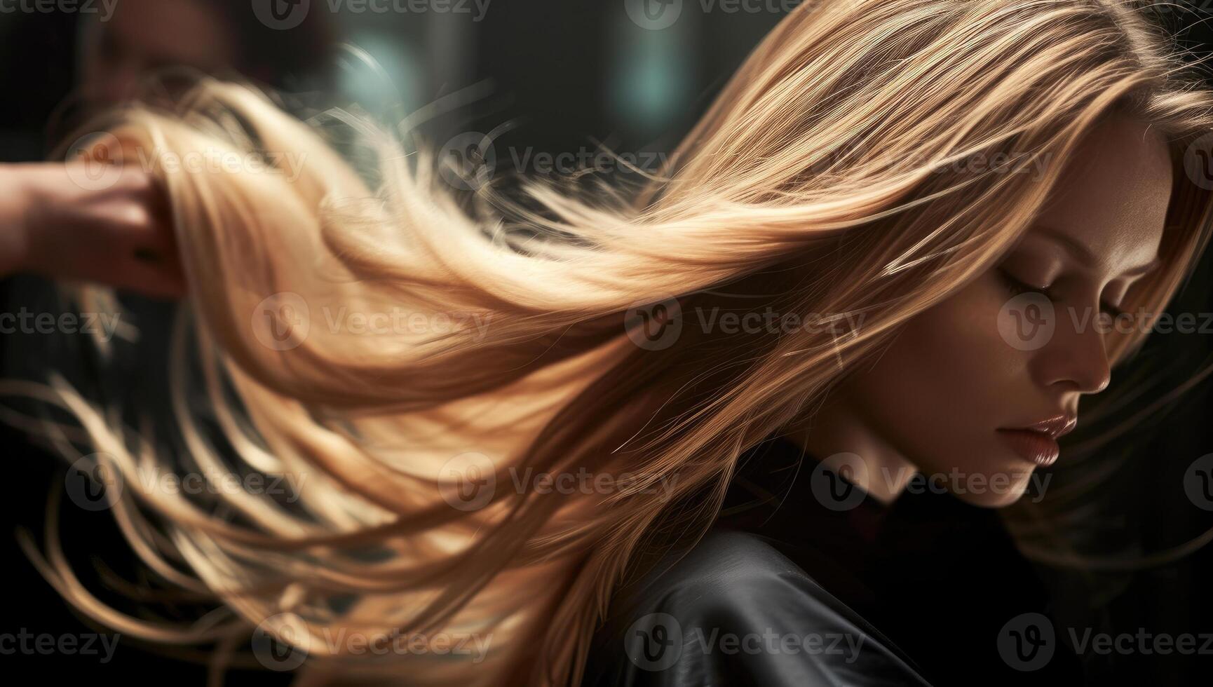 ai généré Jeune femme avec longue blond cheveux dans le beauté salon. photo