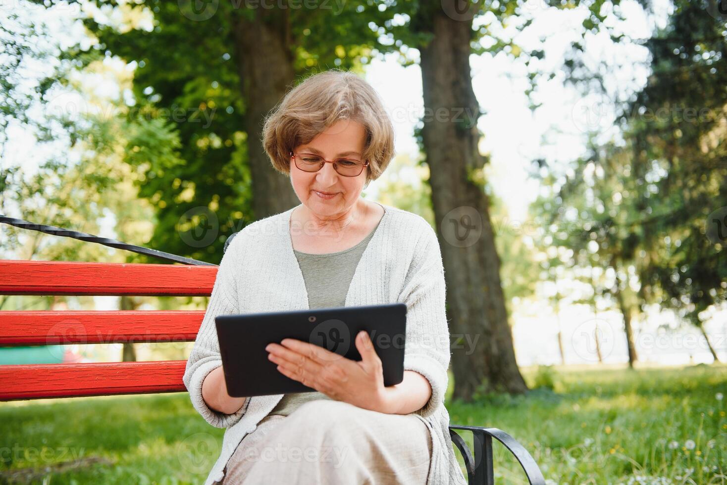 positif sur de soi vieux Dame posant avec tablette dans parc. Sénior gris aux cheveux femme dans décontractée séance sur parc banc et en utilisant tablette. sans fil lien concept photo