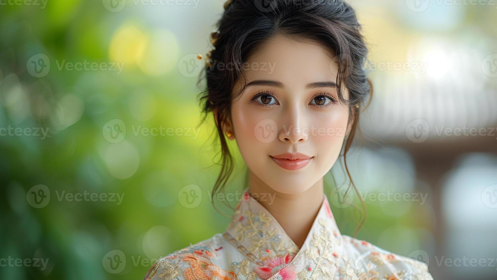 ai généré élégant la fusion asiatique femme dans opulent traditionnel tenue photo