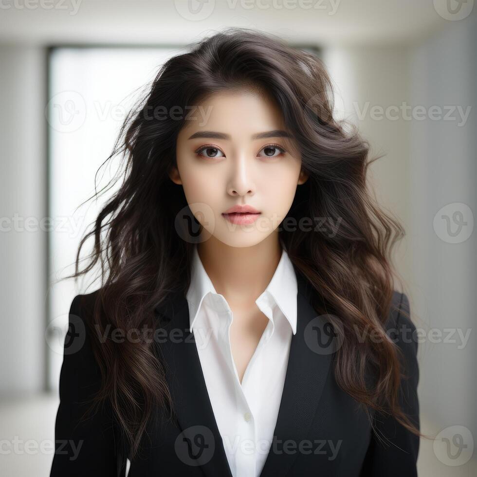 portrait de une 25 ans vieux mignonne chinois femme d'affaires avec longue marron frisé cheveux photo