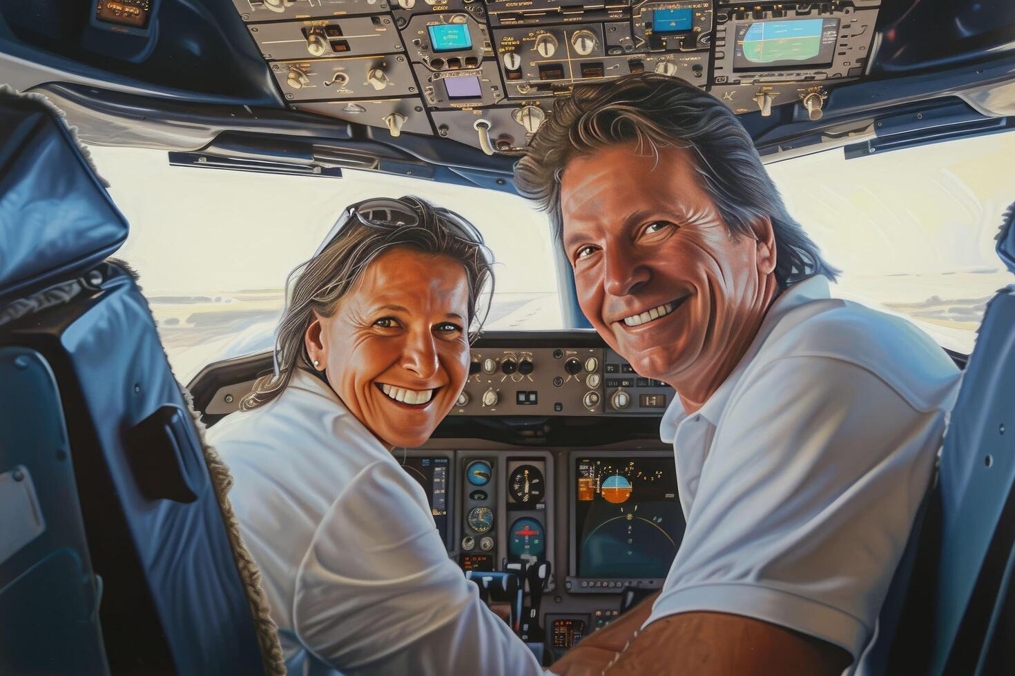 ai généré une La peinture de deux gens dans le cockpit de un avion photo