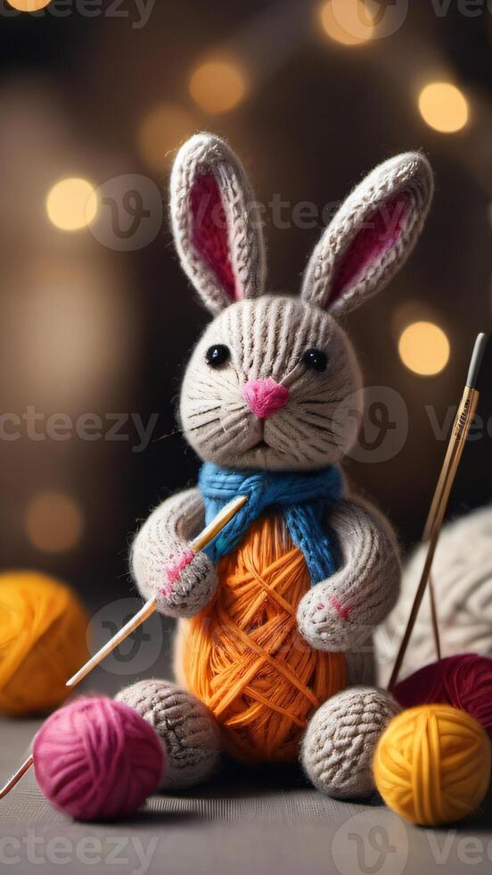 ai généré photo de une Fait main tricoté lapin avec des balles de fil et tricot aiguilles le concept de Manuel la main d'oeuvre loisirs et com t photoréaliste Contexte avec bokeh effet. ai généré