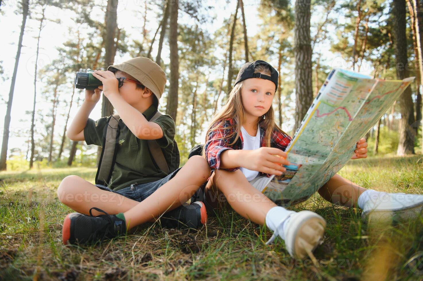 des gamins dans vert forêt jouer,concept de des gamins les vacances et Voyage photo