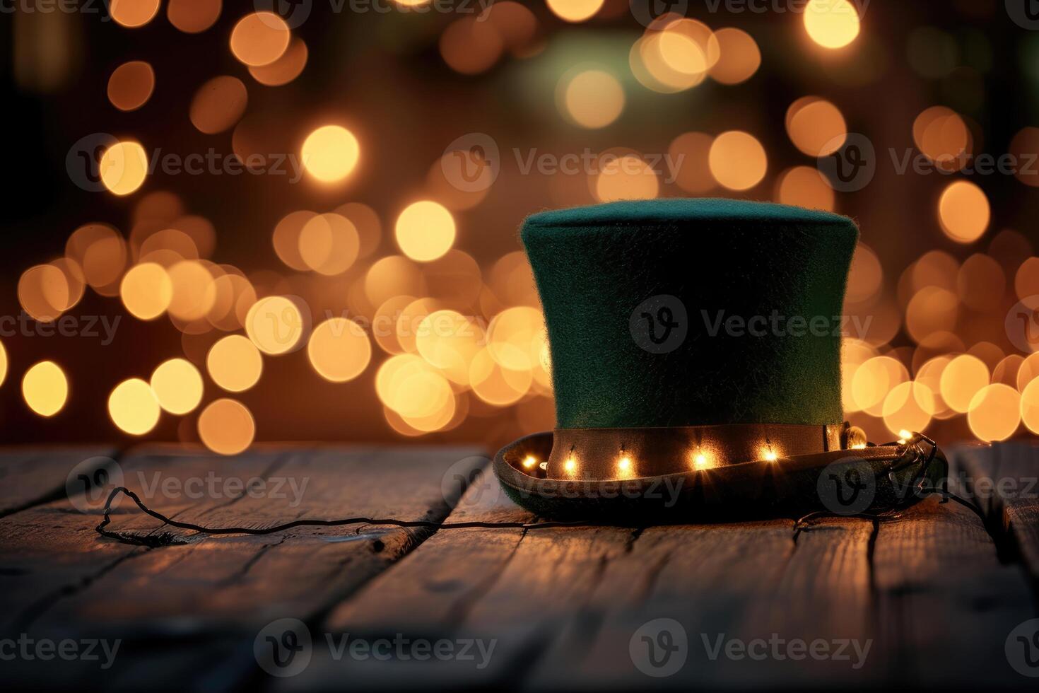 ai généré vert chapeau avec guirlande lumières sur de fête en bois bokeh Contexte avec copie espace pour texte. photo