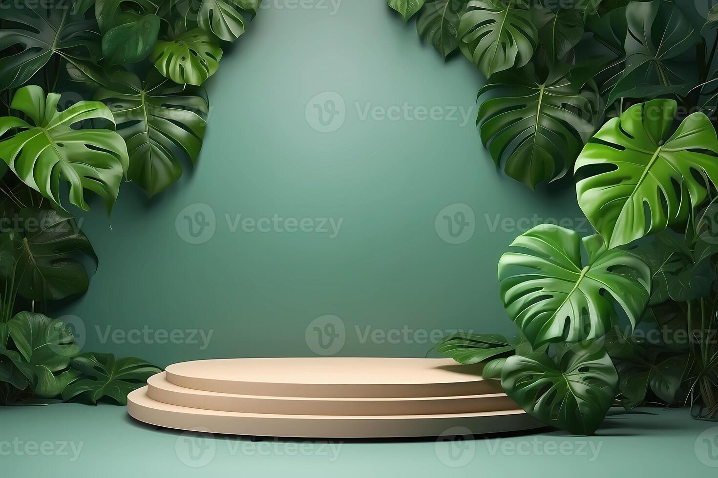 ai généré réaliste 3d afficher podium étape avec vert feuille monstera isolé sur vert Contexte photo