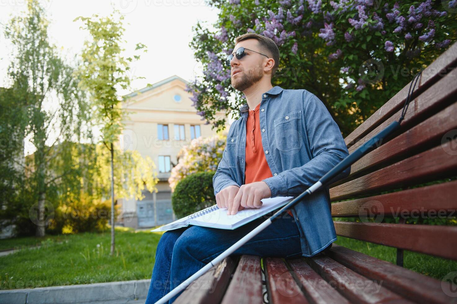 aveugle homme en train de lire braille livre, séance sur banc dans été parc, repos photo