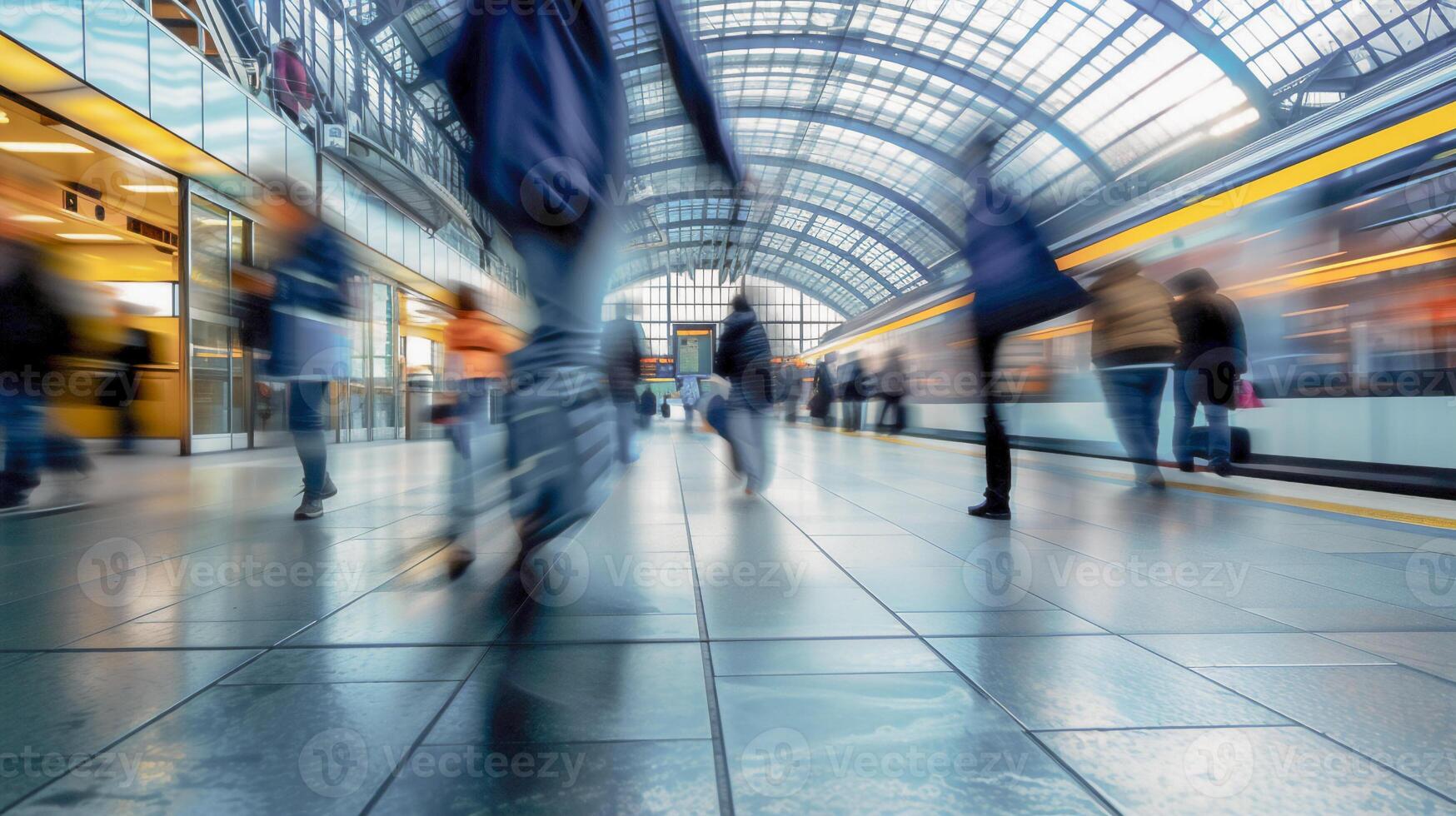 ai généré mouvement flou de les passagers en marchant à moderne train gare. photo