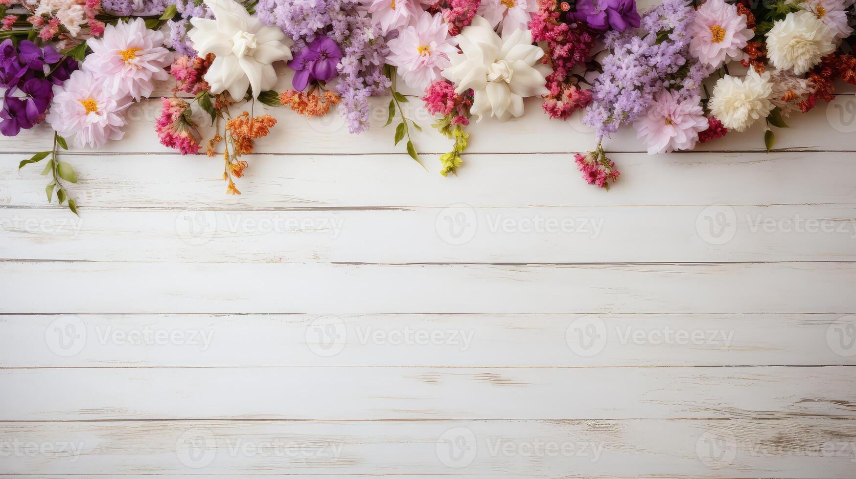 ai généré floral blanc bois avec fleurs ai généré photo