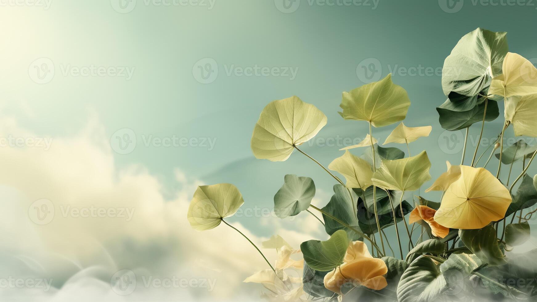 ai généré doux abstrait Naturel Contexte avec vert plante feuilles et blanc fumée ou des nuages. élégance bannière modèle avec copie espace photo