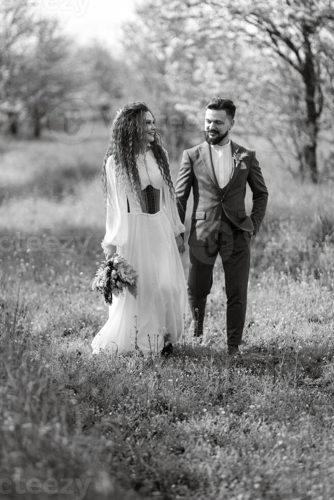 une barbu jeune marié et une fille avec vert cheveux sont en marchant photo