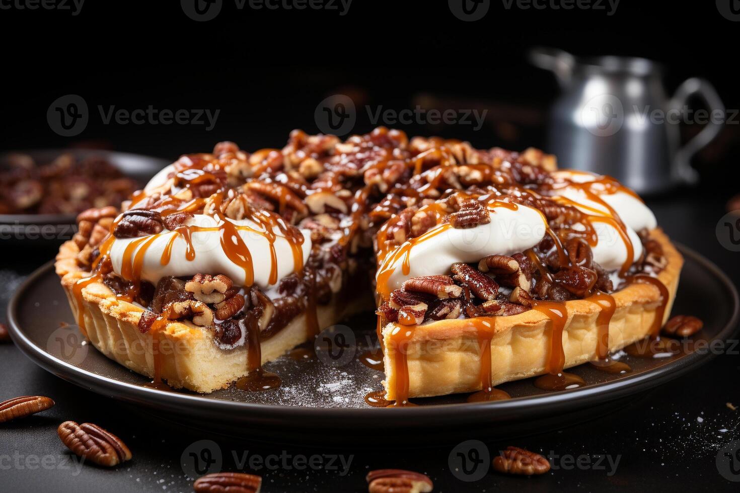 ai généré érable noix de pécan tarte sur une foncé béton Contexte délicieux Frais cuit en bonne santé végétalien gourmet savoureux fait maison dessert photo