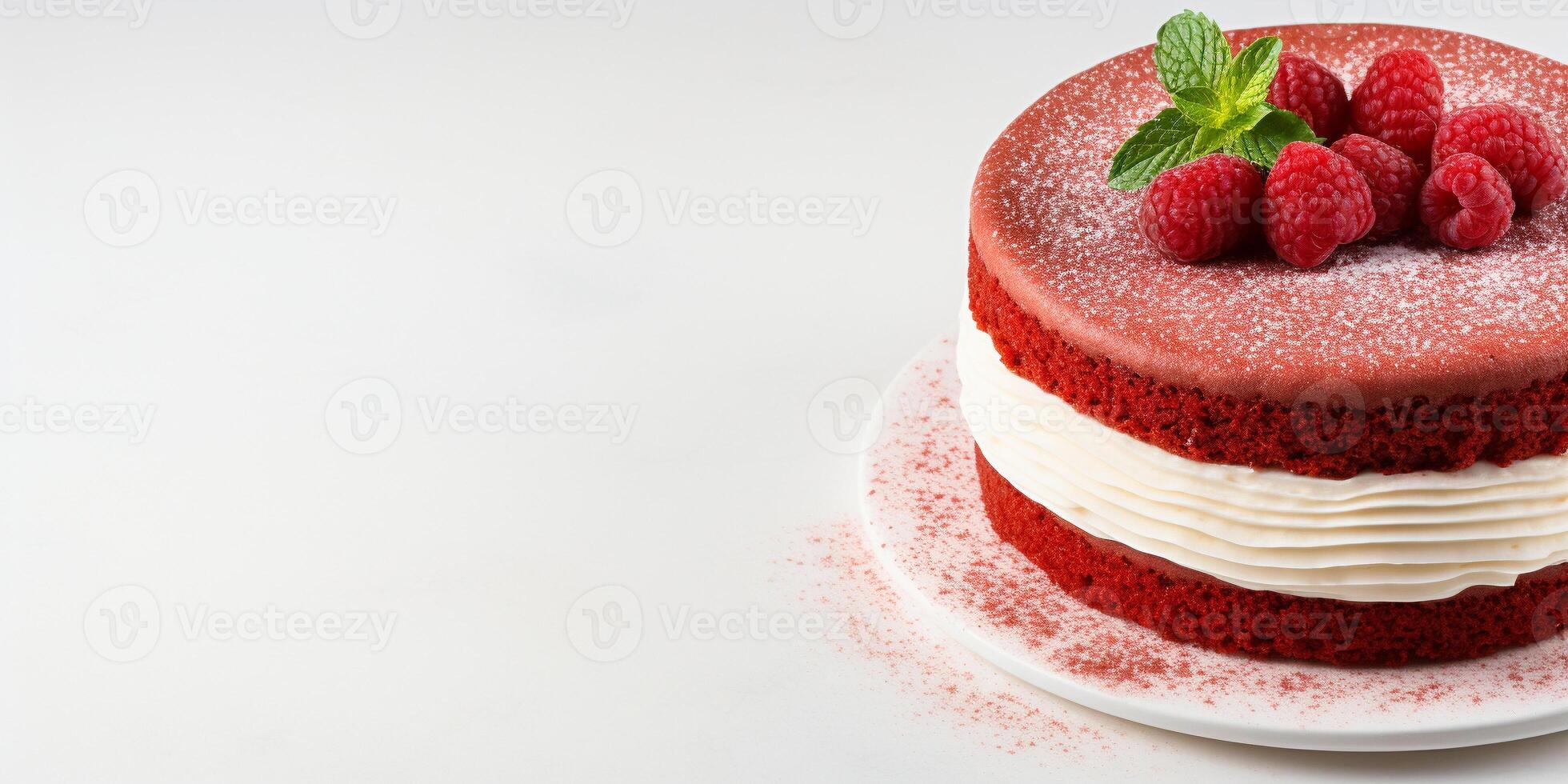 ai généré rouge velours gâteau sur blanc Contexte avec copie espace en couches délice délicieux Frais cuit en bonne santé végétalien gourmet fait maison dessert photo