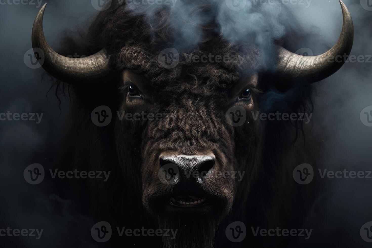 ai généré visage de une bison en train de regarder nous avec prédateur yeux dans une plein noir décor et fumée photo