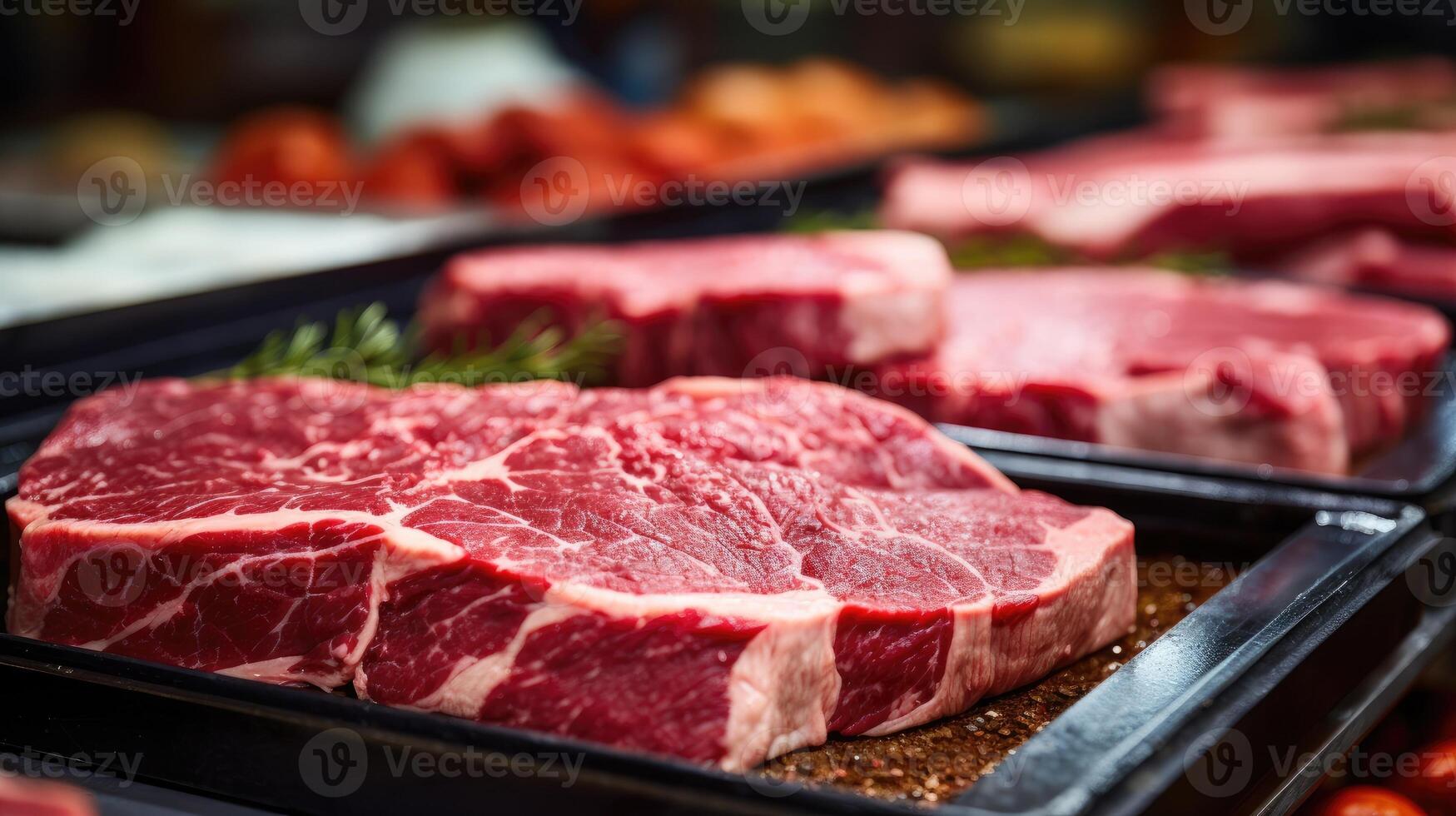 ai généré brut Frais Viande pour steak à la perfection arrangé dans une magasin photo