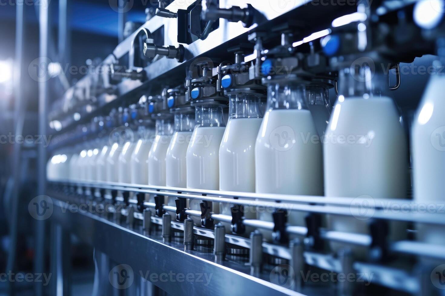 ai généré Lait usine. robotique usine ligne pour En traitement et embouteillage de lait. sélectif se concentrer. photo