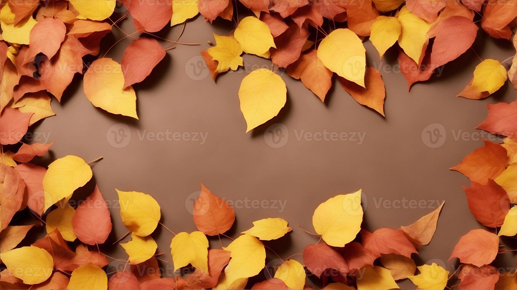 ai généré Haut vue de coloré feuillage dans le bureau. Naturel Cadre. photo