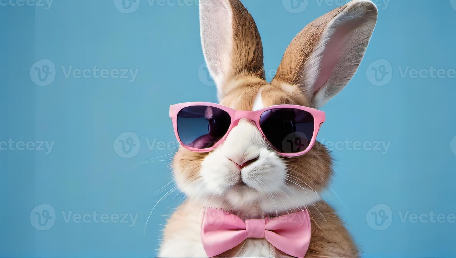 ai généré photo de marrant Pâques concept vacances animal fête salutation carte cool Pâques lapin lapin avec rose des lunettes de soleil et arc attacher isolé sur bleu Contexte. ai généré