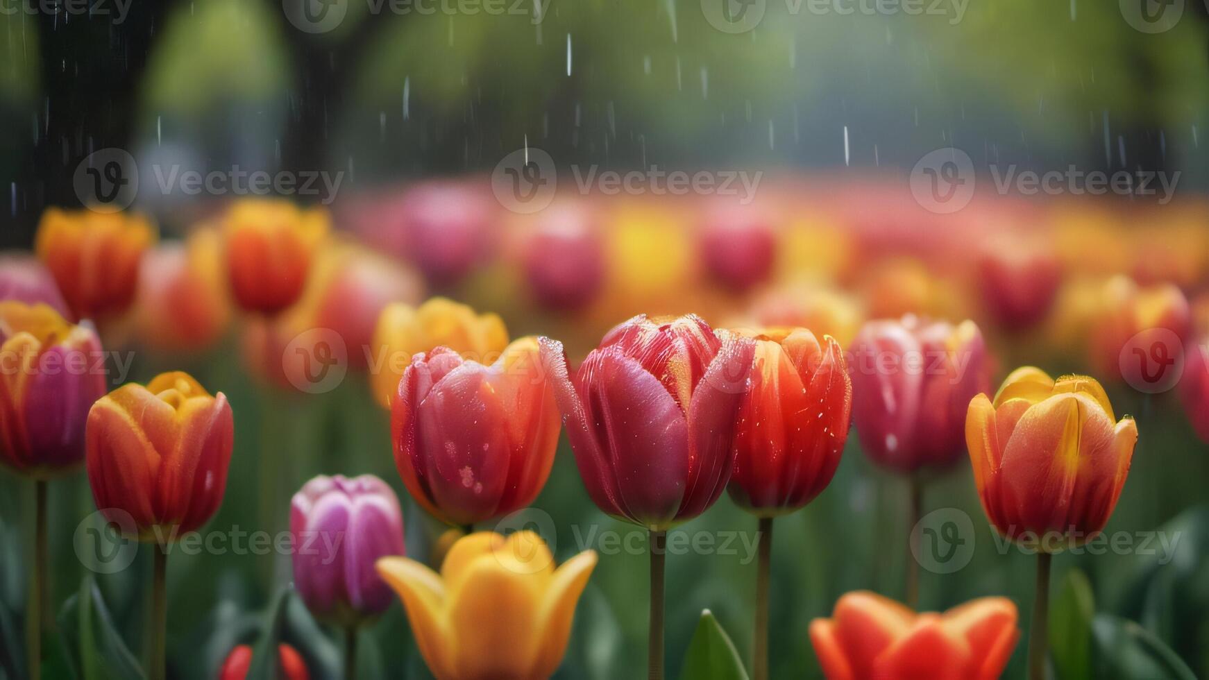 ai généré photo de une fascinant kaléidoscope de tulipes danses dans une arc en ciel jardin béni par une doux pluie douche. ai généré