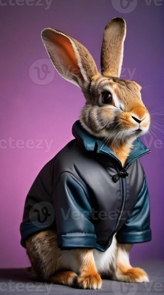 ai généré photo de élégant adulte lapin portant une mal veste sur une Couleur Contexte. ai généré