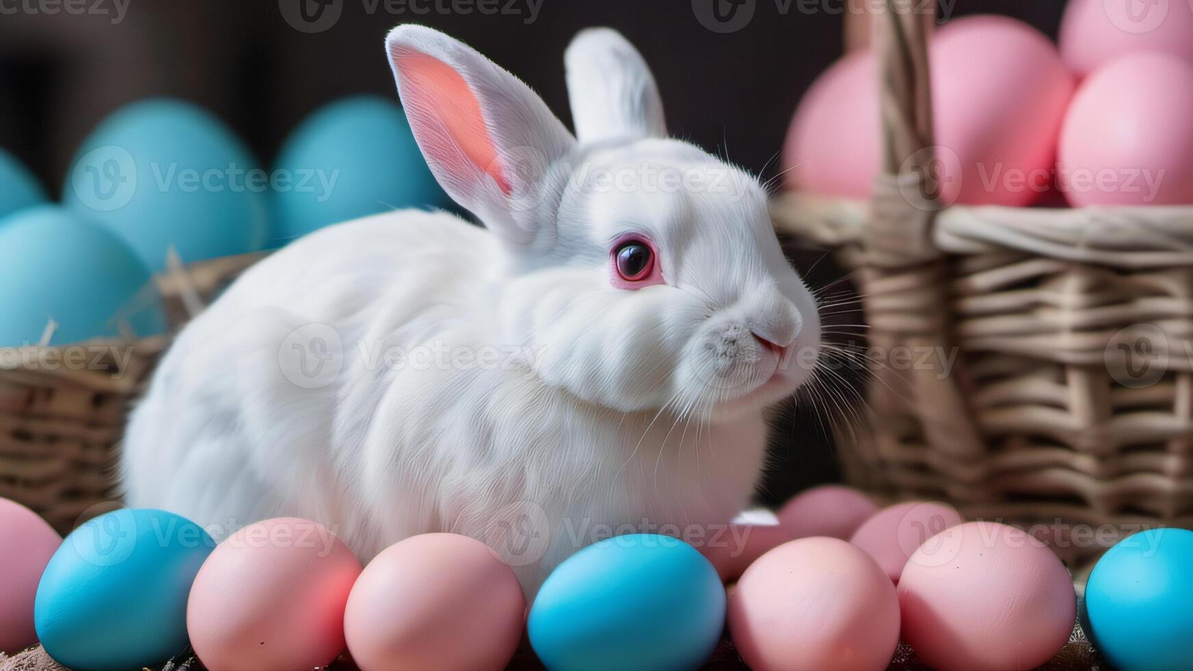 ai généré photo de une blanc lapin séance dans de face de une groupe de rose et bleu des œufs avec une panier de rose et blanc des œufs dans le Contexte. ai généré