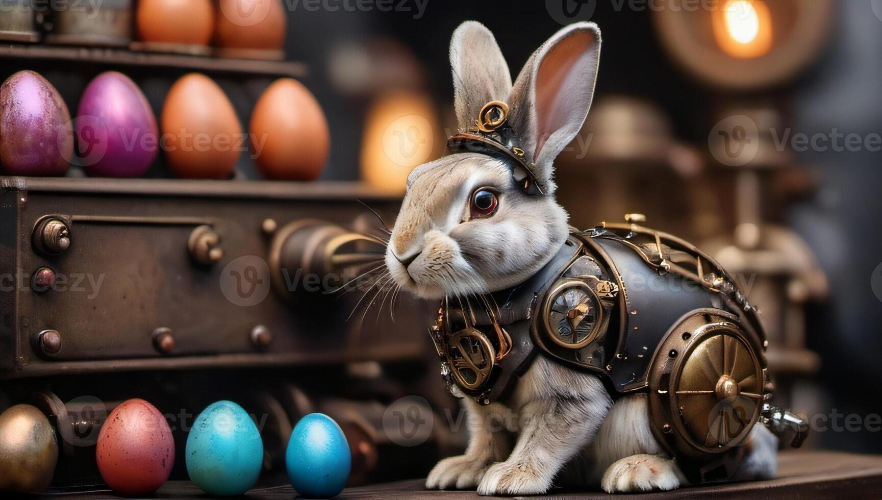 ai généré photo de steampunk style lapin avec vapeur moteurs et coloré Pâques des œufs. ai généré