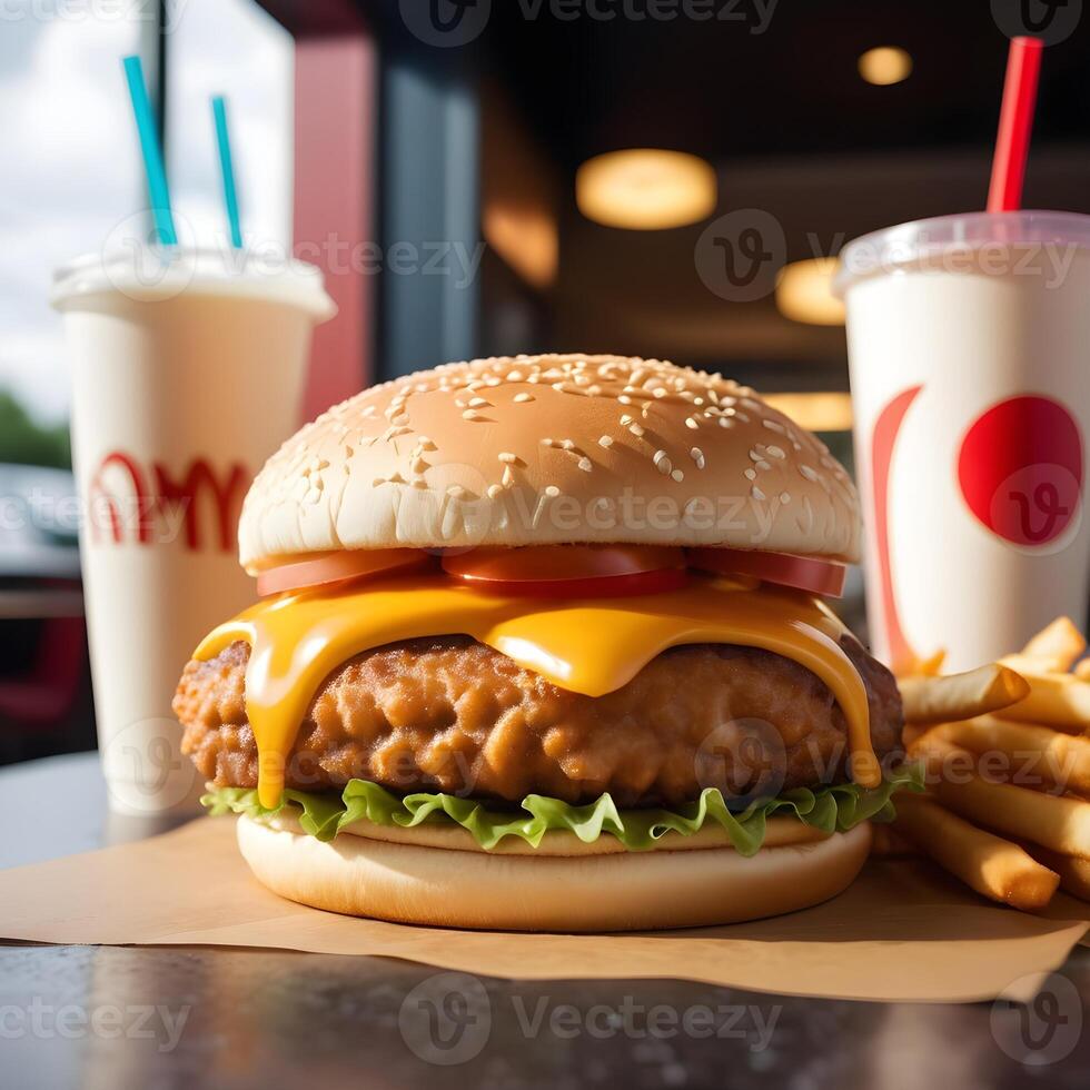 vite nourriture Burger, frites et boisson photo