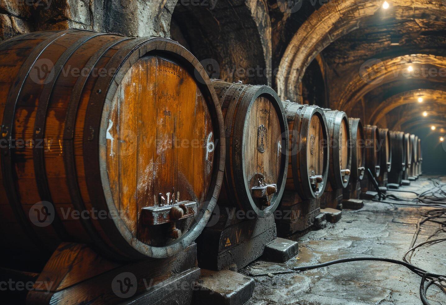 ai généré du vin barils empilés dans le vieux cave de le vignoble photo