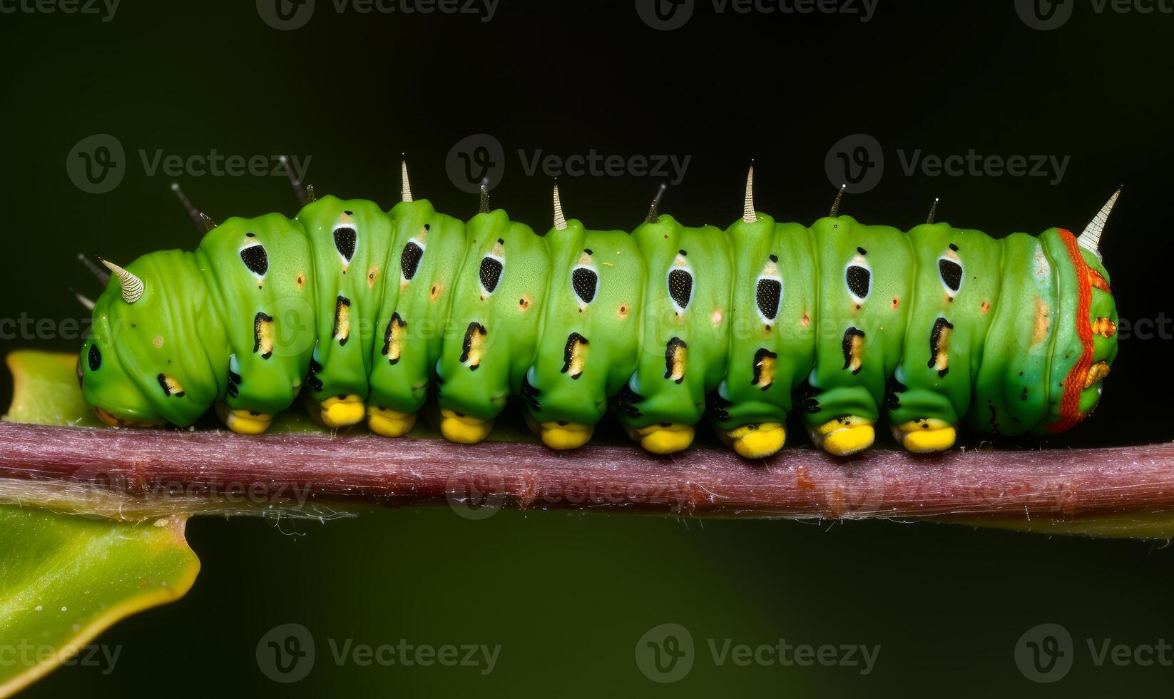 ai généré coloré chenille est rampant sur branche photo