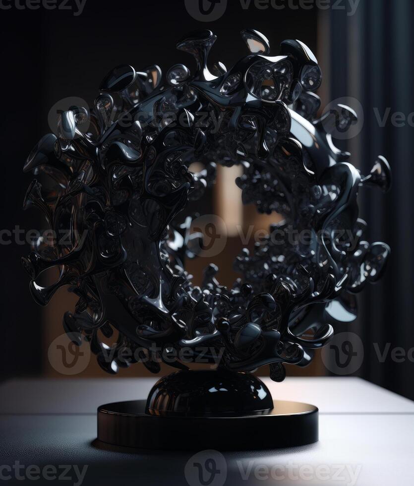 ai généré abstrait noir métal sculpture sur table photo